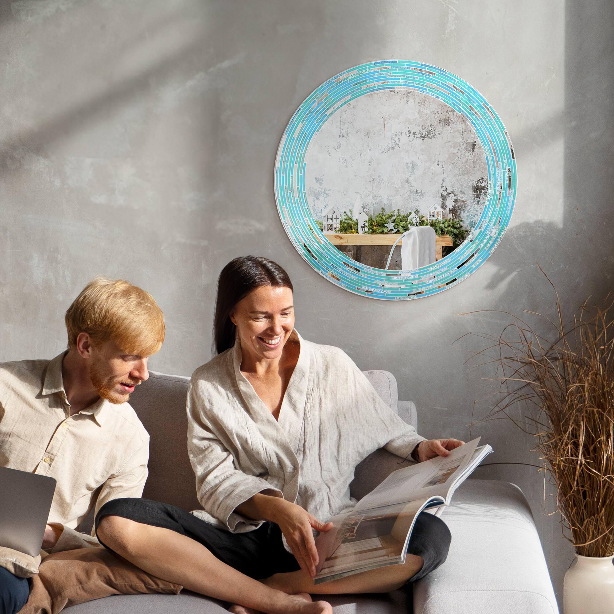 Head West Sea Glass 2 Tile Framed Round Wall Vanity Mirror - 30" x 30"